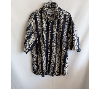 Straight Down Mens XL Cotton Floral Batik Button Down Shirt Navy Made in USA